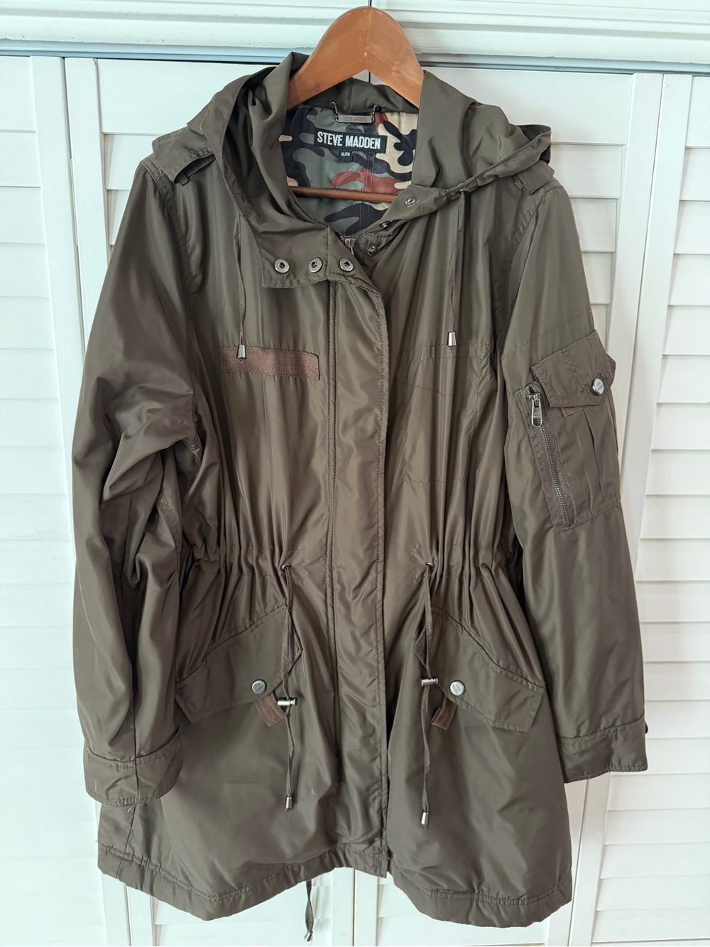 Steve Madden Olive Green Hooded Utility Jacket - Camo Lined